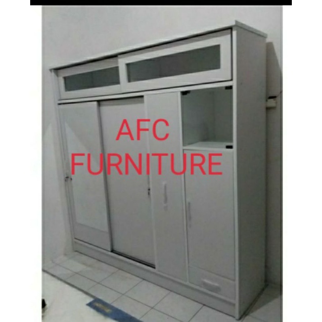 Lemari baju sleding 2 pintu+lemari hijab+lemari serbaguna & sleding kaca atas
