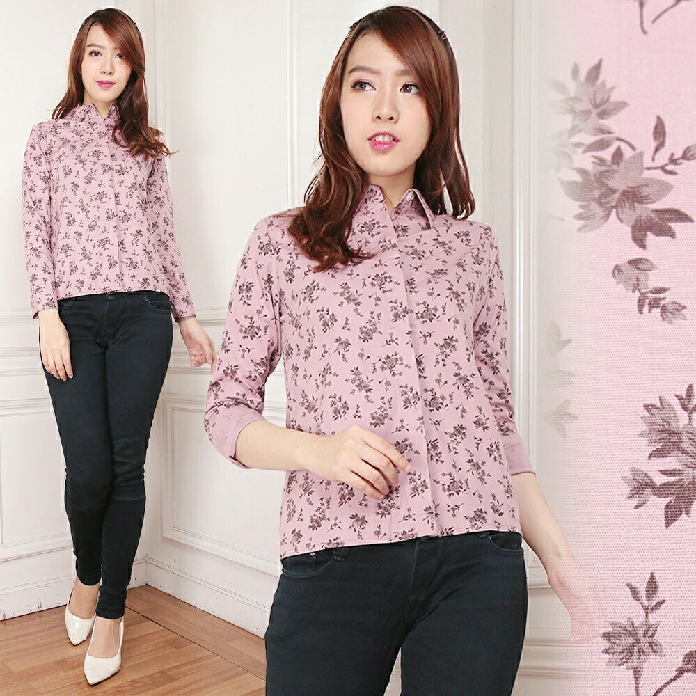 SW HEM AMANDA putih ungu salem cream kemeja kerja cantik motif bunga wanita bagus murah terkaris a
