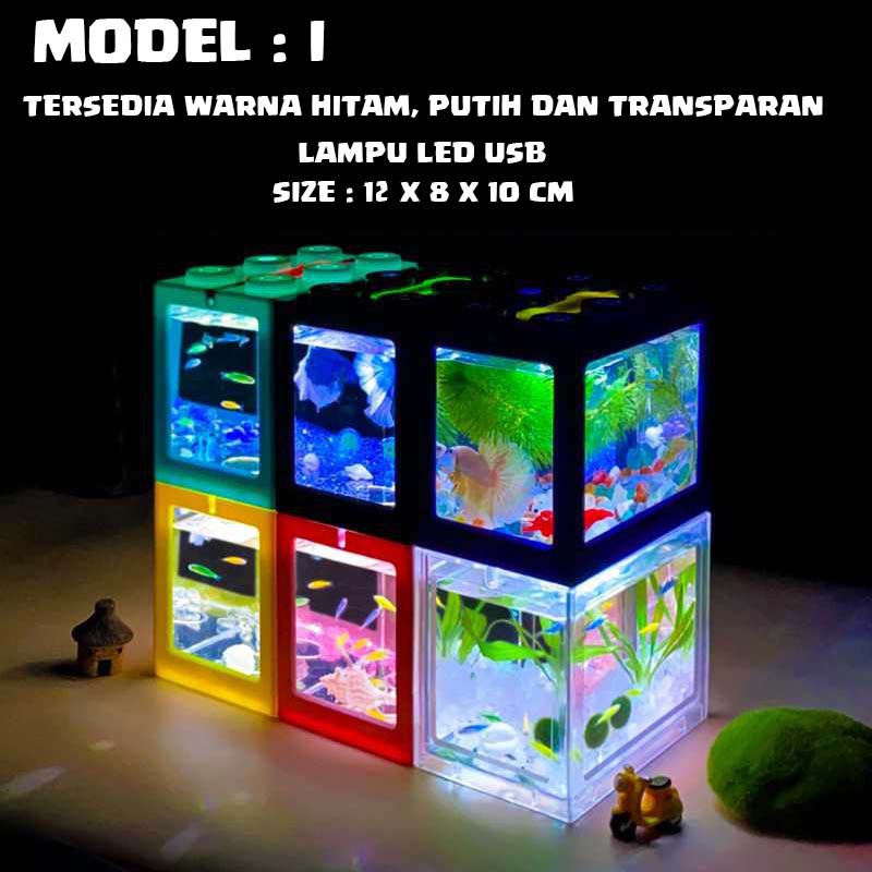 Akuarium Ikan Cupang Hias Akrilik Aquarium  Mini Bitte Acrylic Lego Block USB LED Baterai Batu Hias