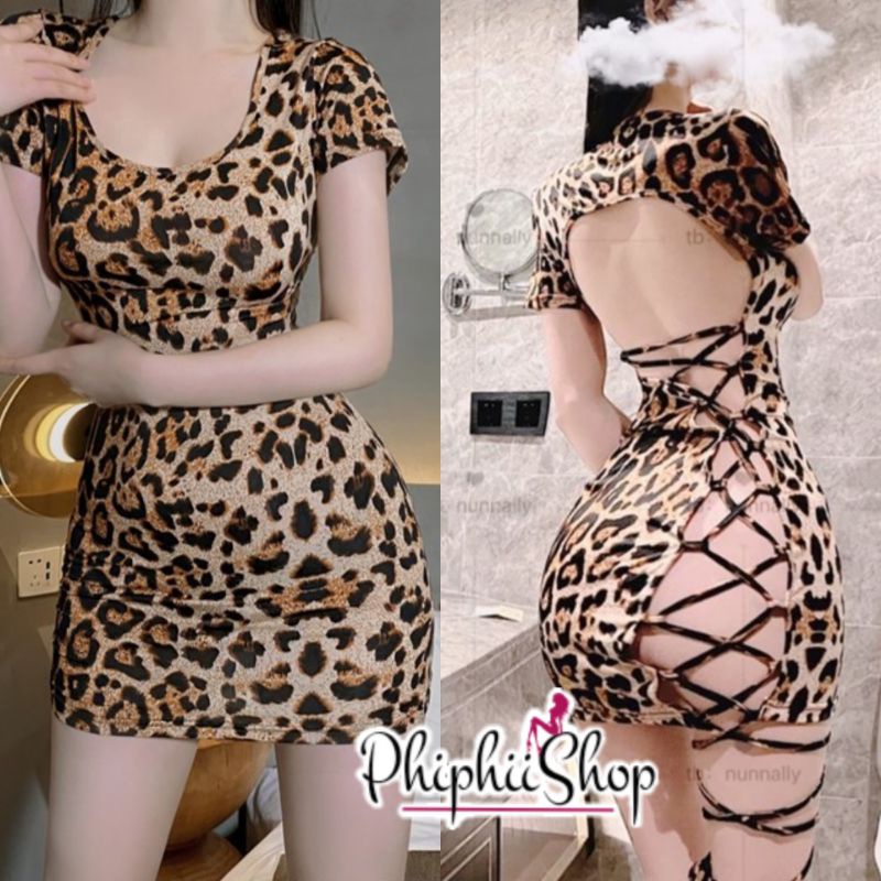 Sexy Mini Bodycon Dress Motif Macan Leopard Hitam Abu Polos Model Tali