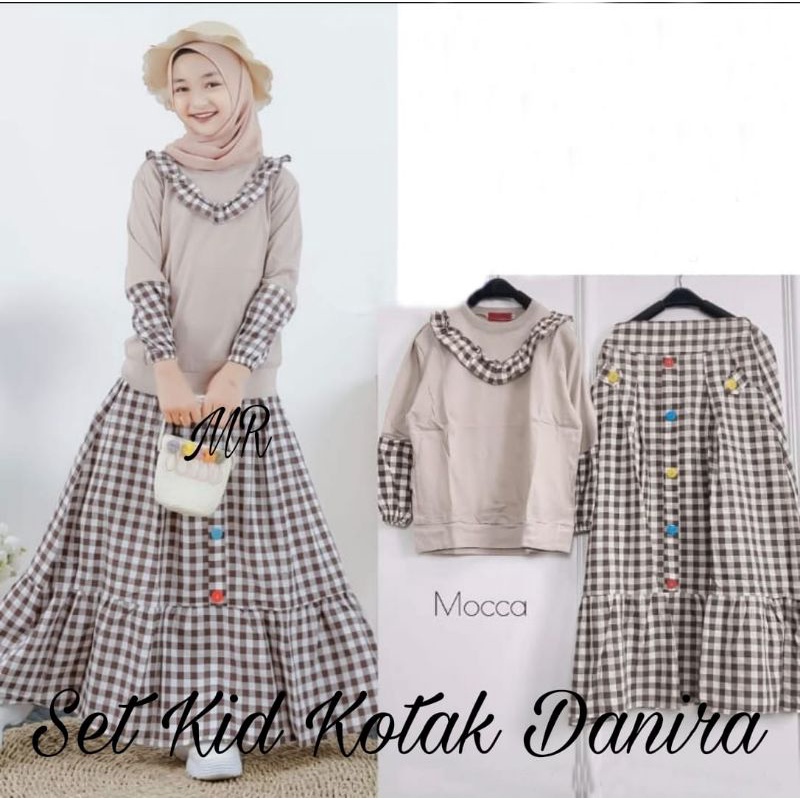 SET ROK FASHION KID ANAK DANIRA KOTAK, MOSCREPE KATUN, SETELAN, 3 UKURAN