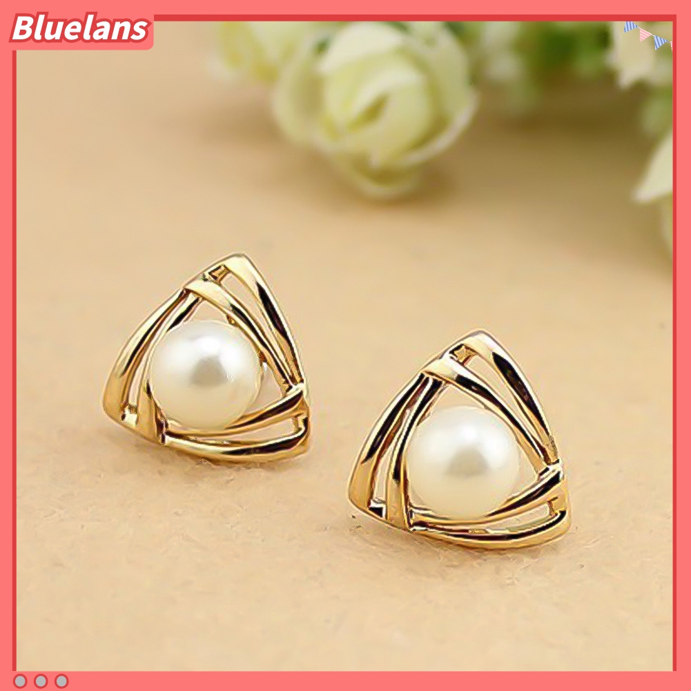 Bluelans Women Faux Pearl Inlaid Double Triangle Crossover Ear Stud Earrings Jewelry Gift