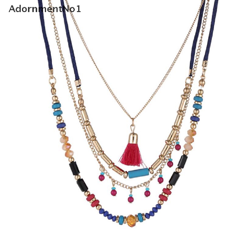 (AdornmentNo1) Kalung Choker Rantai Banyak Lapis Aksen Rumbai Manik-Manik Warna-Warni Gaya Bohemian Etnik Untuk Wanita