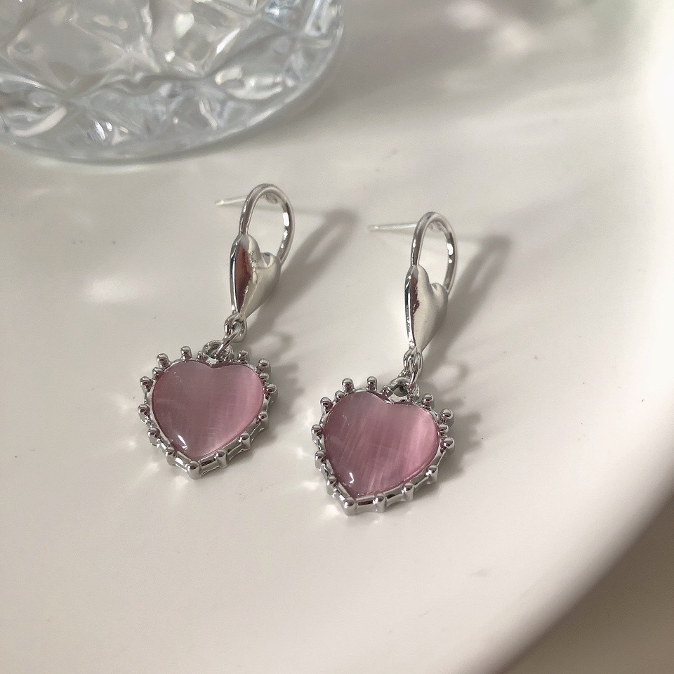 Anting Tusuk Gantung Temperament Desain Hati Hias Opal Pink Gaya Kerensimple Untuk Wanita