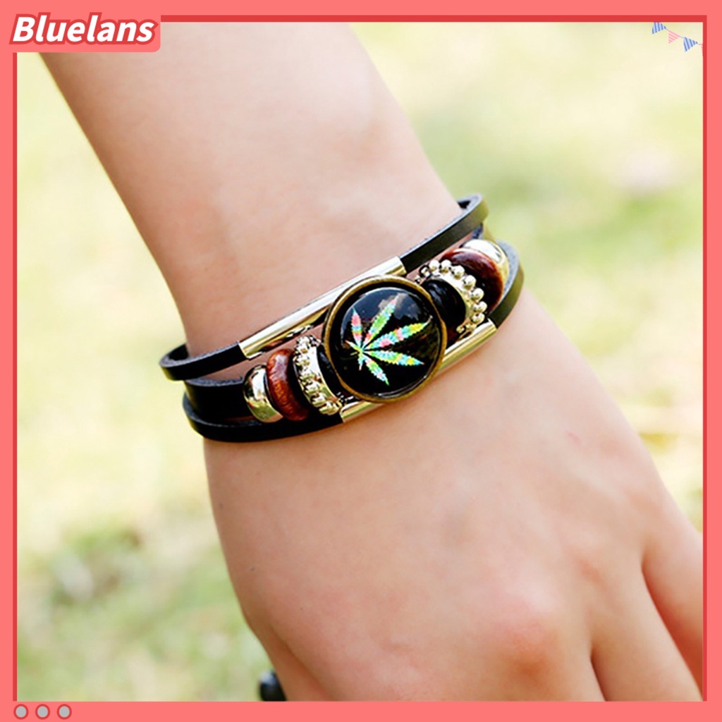 Bluelans Punk Unisex Maple Leaf Beads Faux Leather Wristband Jewelry Party Club Bracelet