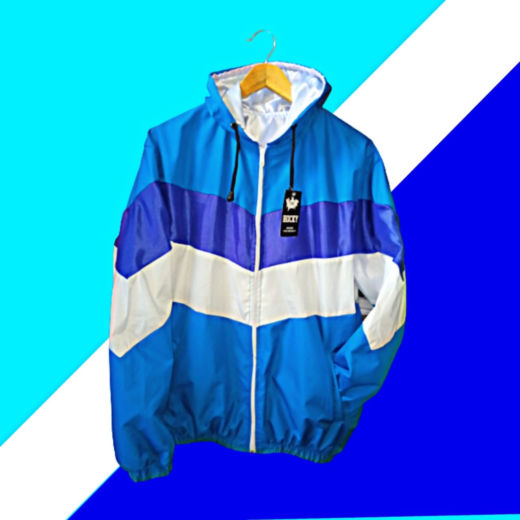 Jaket Parasut Biru Windbreakers Lumino Tracktop Unisex Kombinasi Warna Anti Angin Tahan Gerimis Semi