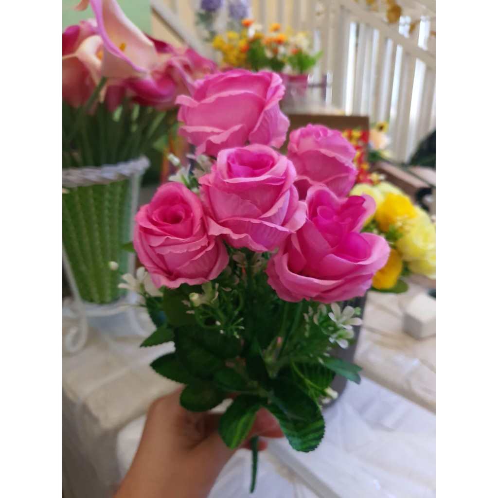 Bunga Mawar 7 cabang Artificial / Bunga Plastik Rose 7 Kuntum-Mawar 7-MAGENTA