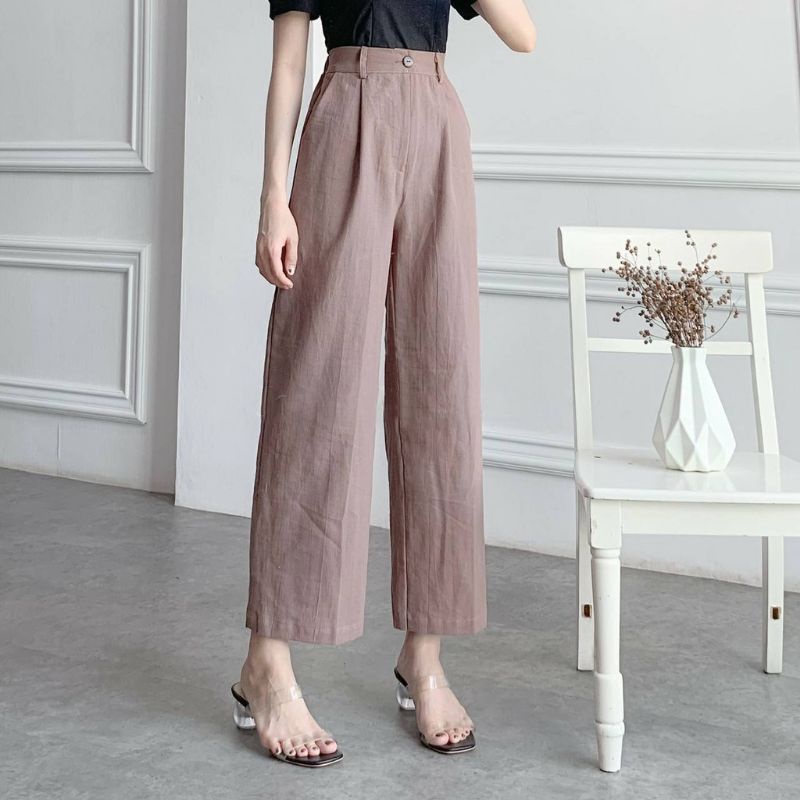 Celana Baggy Pants Wanita Highwaist Linen Premium Yeji Basic Pants Kekinian