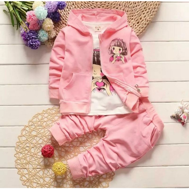 SETELAN JAKET ANAK 3 IN 1 TERBARU/SET JAKET MOTIF LOVE GIRLS UNTUK 1-5 TAHUN