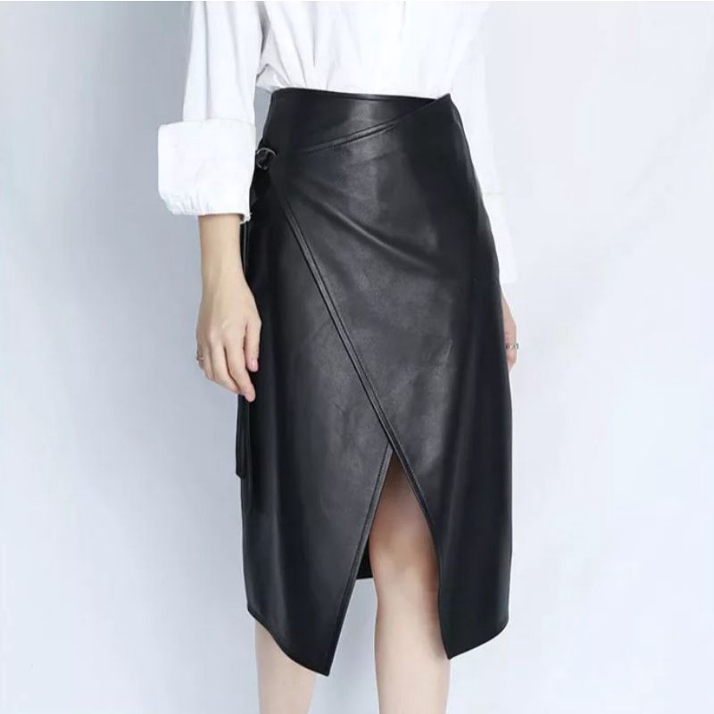 Rok Kulit Sintetis Rok Midi Wanita Leather Skirt Asimetris Model Pensil Wrap Body Streetwear Tali Pengikat