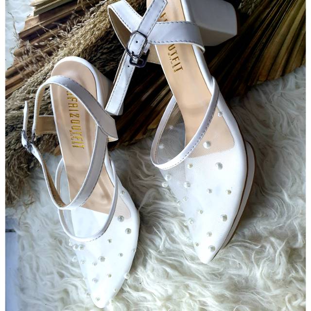 ready stok ya Sepatu high hills wanita mutiara jaring white sepatu cantik purri