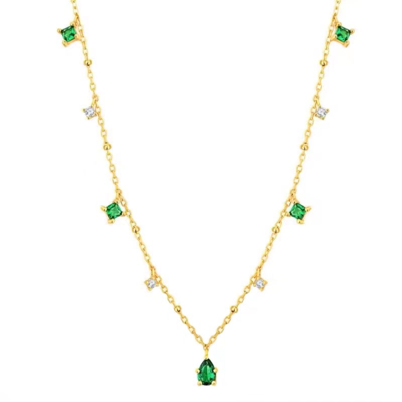 Kalung Rantai Dengan Liontin Batu Emerald Zircon Bentuk Tetesan Air Warna Emas Untuk Wanita