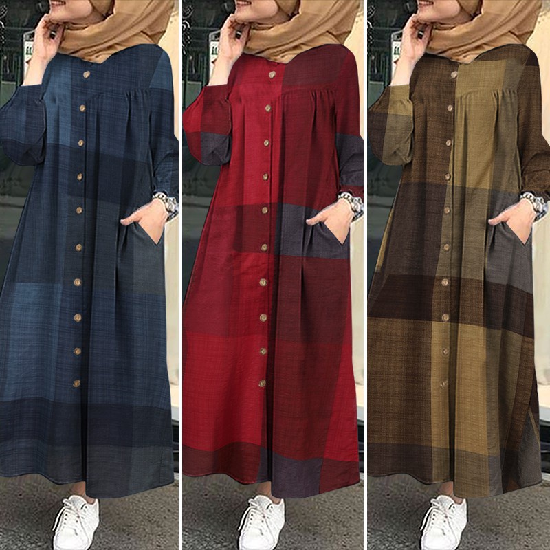 ZANZEA Women Muslim Long Sleeve Plaid Printed Casual Long Dress