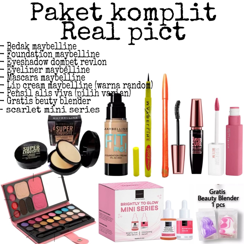 maybelline dan scarlet Paket MakeUp Lengkap 1 Set 7 In 1 - Paket Kosmetik Wanita Lengkap Murah scarl