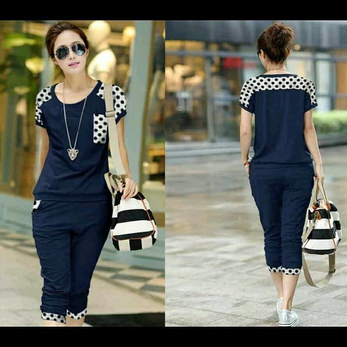 Pra- Best Item Setelan Baju Remaja Inji Abu Hitam Modis Gaul AF163  Pocket Polka Navy Arumi