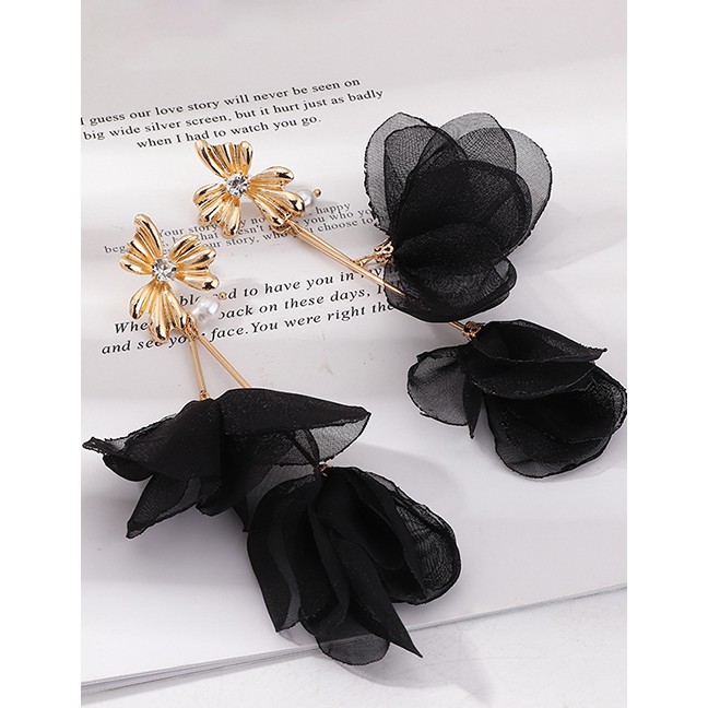 LRC Anting Tusuk Fashion Black Fabric Flower Long Pearl Earrings D94448