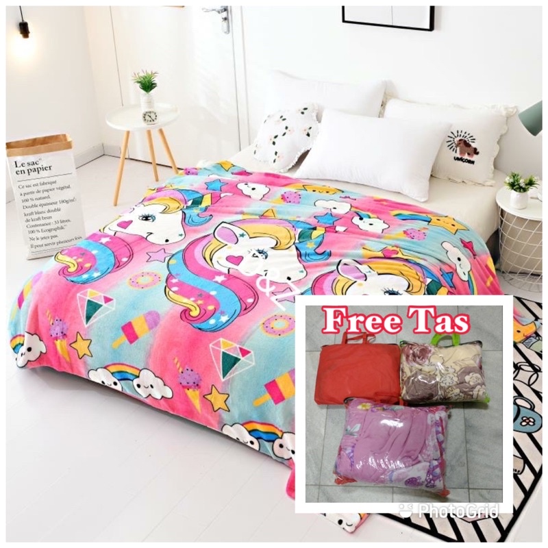 PROMO!!!Selimut Bulu Karakter Size 140x200 + FREE TAS Terlaris Termurah