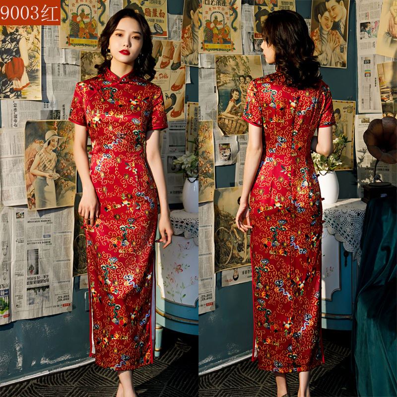 2022 summer new cheongsam long style retro slim fashion daily performance silk improved cheongsam dr