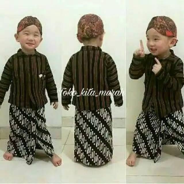 Setelan Baju Adat Jawa Anak (Baju +Celana Sarung +Blangkon) Usia O-12 Tahun Surjan Lurik Anak