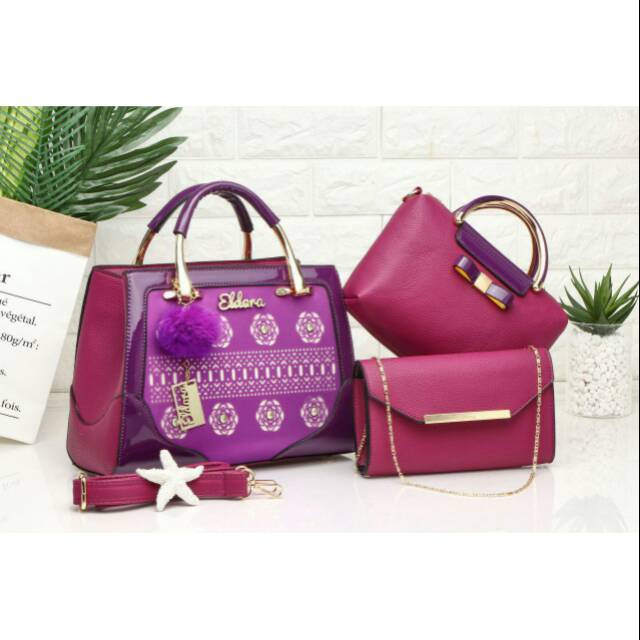 Tas Eldora Moya ES1104 3in1 ring set wanita branded batam glitter fashion import
