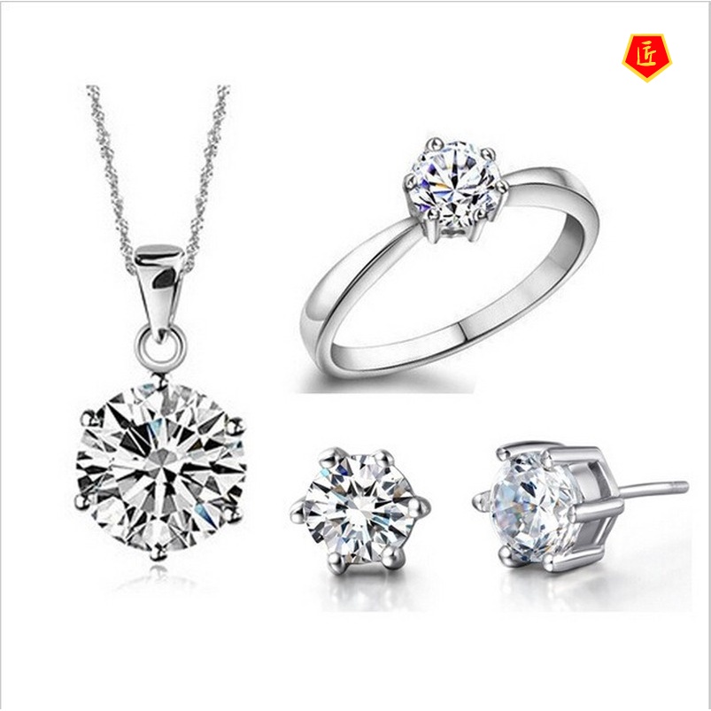 [Ready Stock]Women's Silver Necklace Six-Claw Diamond Stud Earrings Suit