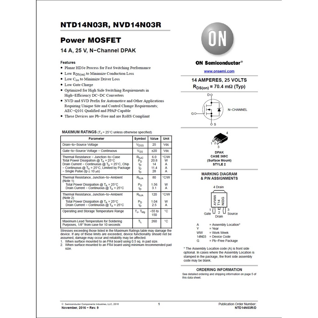 NTD14N03RT4G NTD14N03 T14N03 14N03 FET TO252