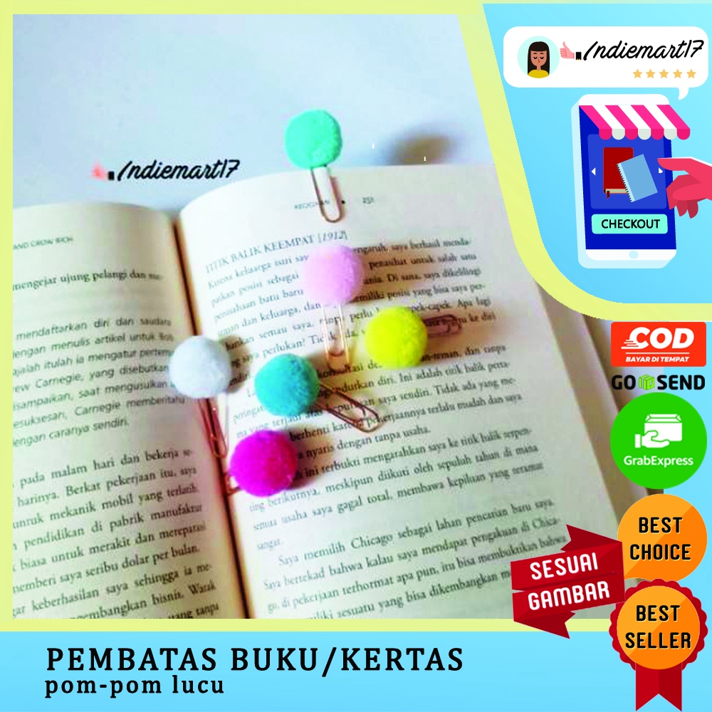 

Pembatas buku pompom bulu warna warni putih biru tosca kuning pink penanda kertas klip paper clip