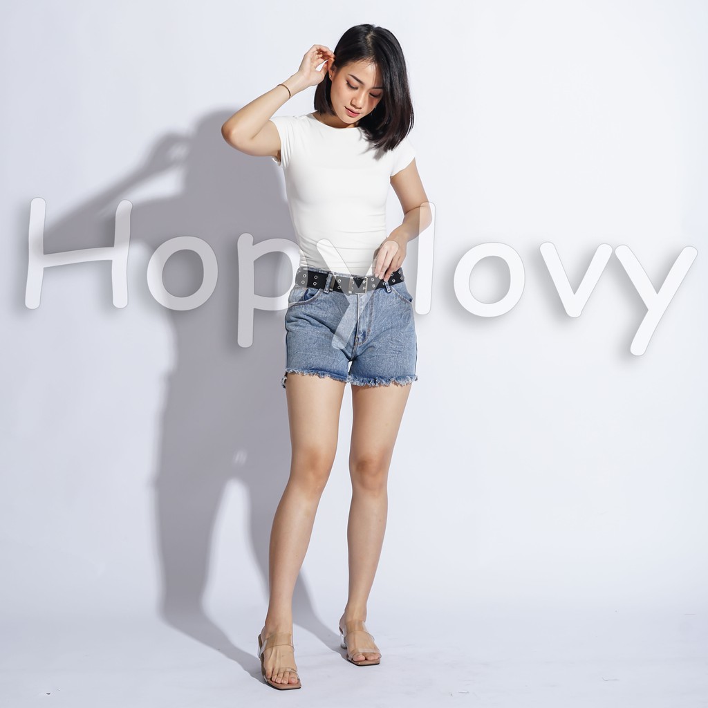 HOPYLOVY Rawis Sexy Jeans Celana Gemes / Hot Pants Celana Pendek Wanita Highwaist Warna Snow