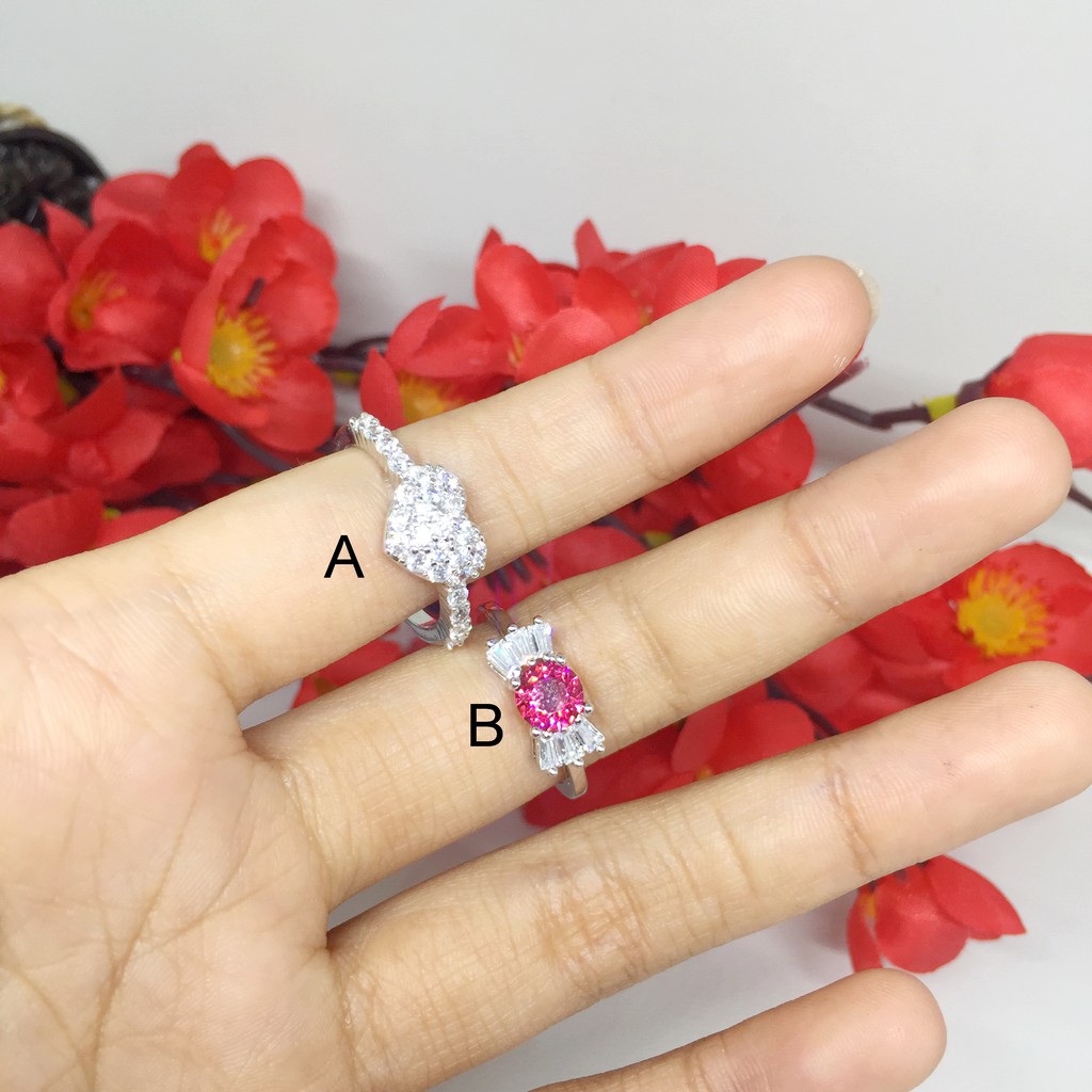 Cincin Xuping Mewah Batu Pink Tua Fuschia Putih Silver - BR490