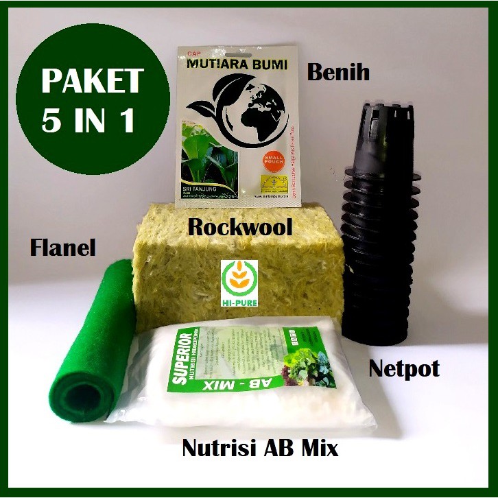 PAKET HIDROPONIK HEMAT MURAH 5 IN 1 ISI ROCKWOOL NUTRISI HIDROPONIK AB MIX NETPOT BENIH KAIN FLANEL