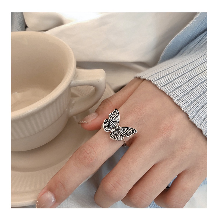Cincin Jari Telunjuk Model Terbuka Desain Kupu-Kupu Bahan 925 Sterling Silver Gaya Retro Korea Untuk Wanita