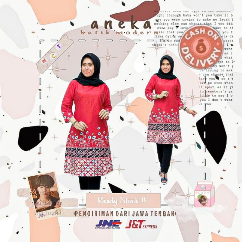 Atasan batik wanita cewek motif kawung warna merah big size jumbo size M L XL XXL murah formal kerja