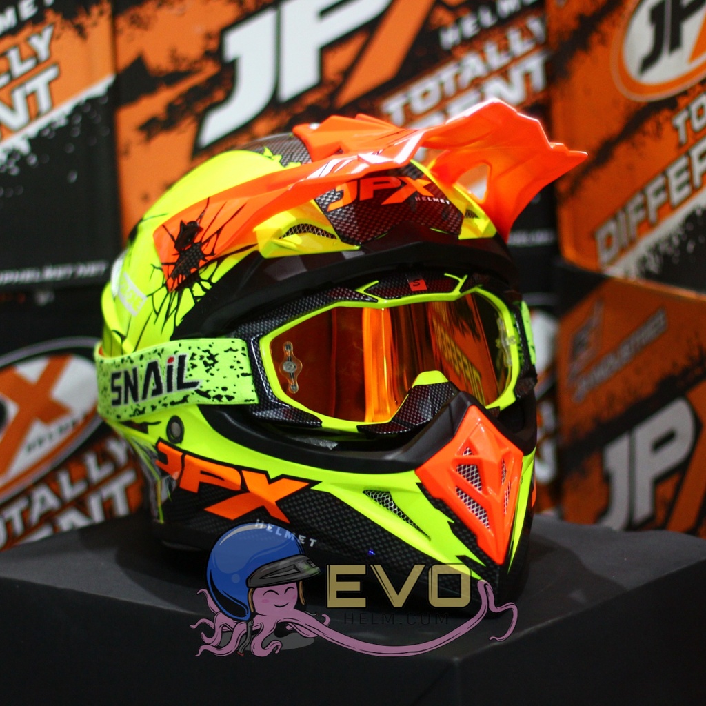 HELM JPX CROSS_FOX1 SERI X34 - FLUO YELLOW GLOSS + GOOGLE SNAIL (ONGKIR 2 KG) HELM JPX X34 YELLOW FLUO ORIGINAL HLEM JPX X34 HELEM JPX HELM KLX HELM JPX TERBARU