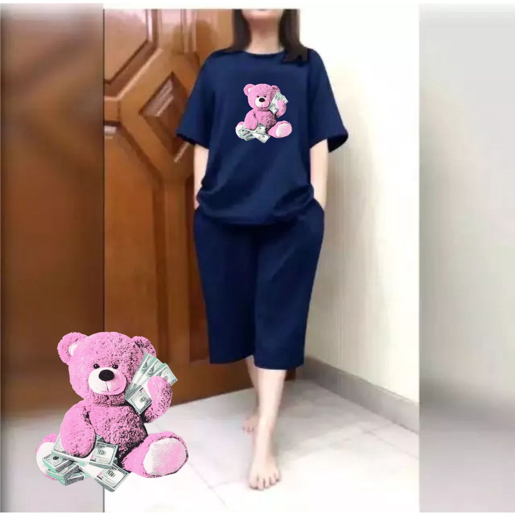 Setelan JUMBO Wanita + Celana Kulot 3/4 Big Size Fit XXL Pink Bear