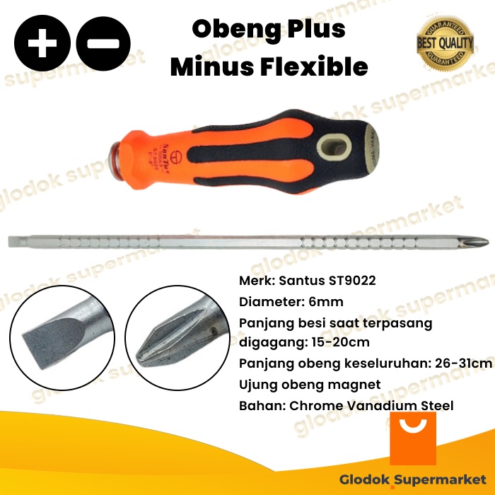 Obeng Bolak Balik Flexible Santus Panjang 15-20cm Diameter 6mm Plus Minus Magnet 2 Way