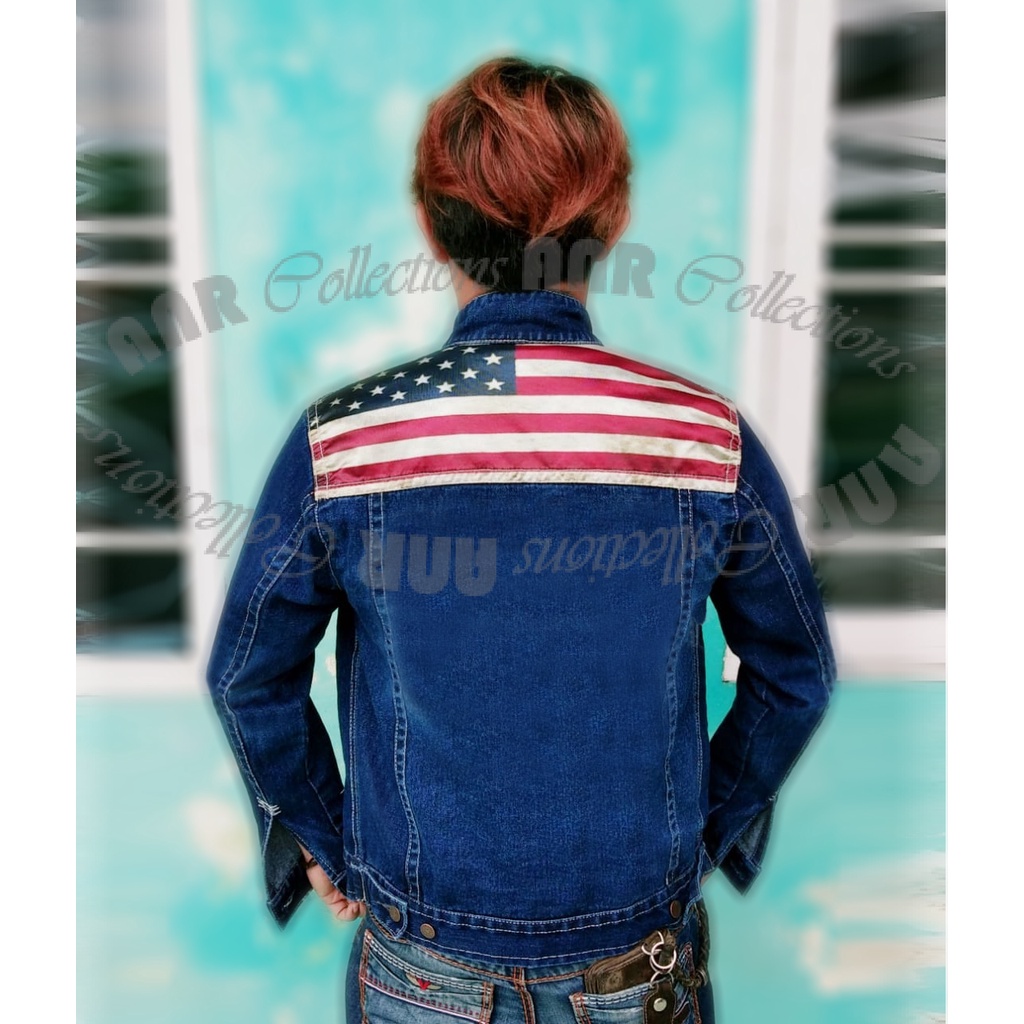 Jaket Jeans Denim Sublime Logo Bendera Karakter  Pria/Cowok