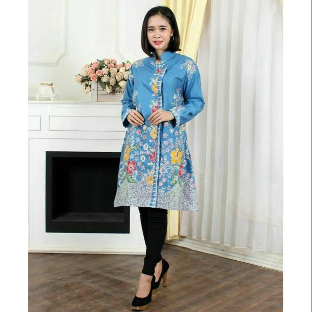 Batik Tunik Shibori Jumputan Terbaru All Size 106cm / Hrb026 Yelbor Navbor / Biru Putih / Original..