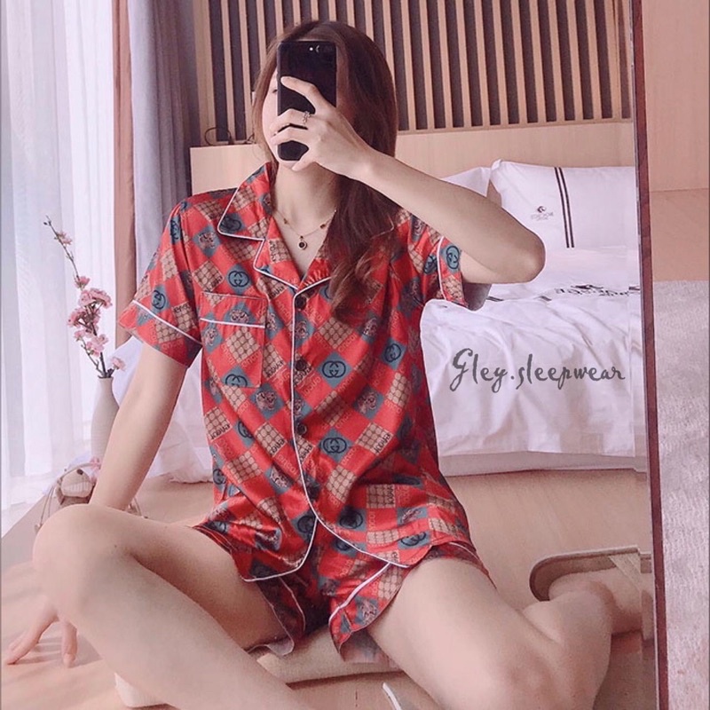 Piyama satin import / baju tidur wanita / piyama ice silk sutera-Gc kotak comb