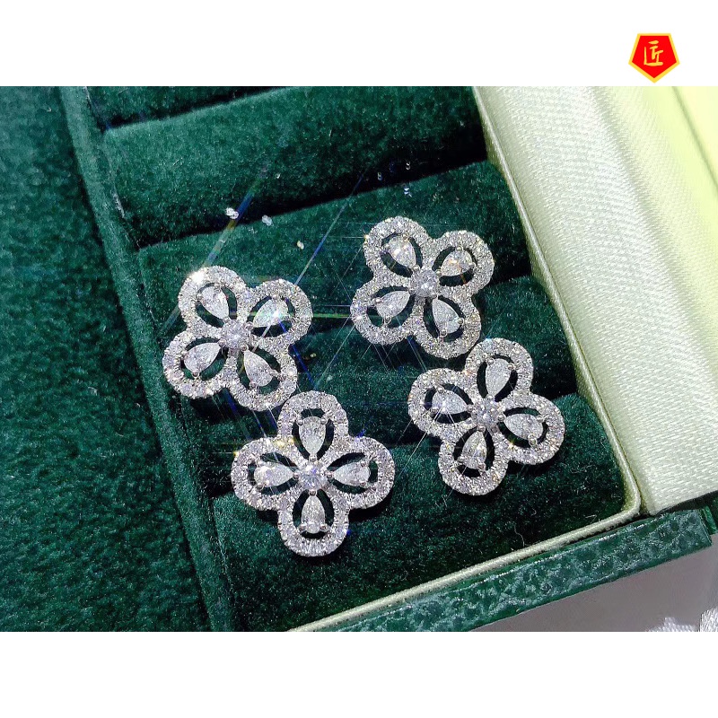 [Ready Stock]Fashion Four-Leaf Clover Moissanite Ear Stud Necklace