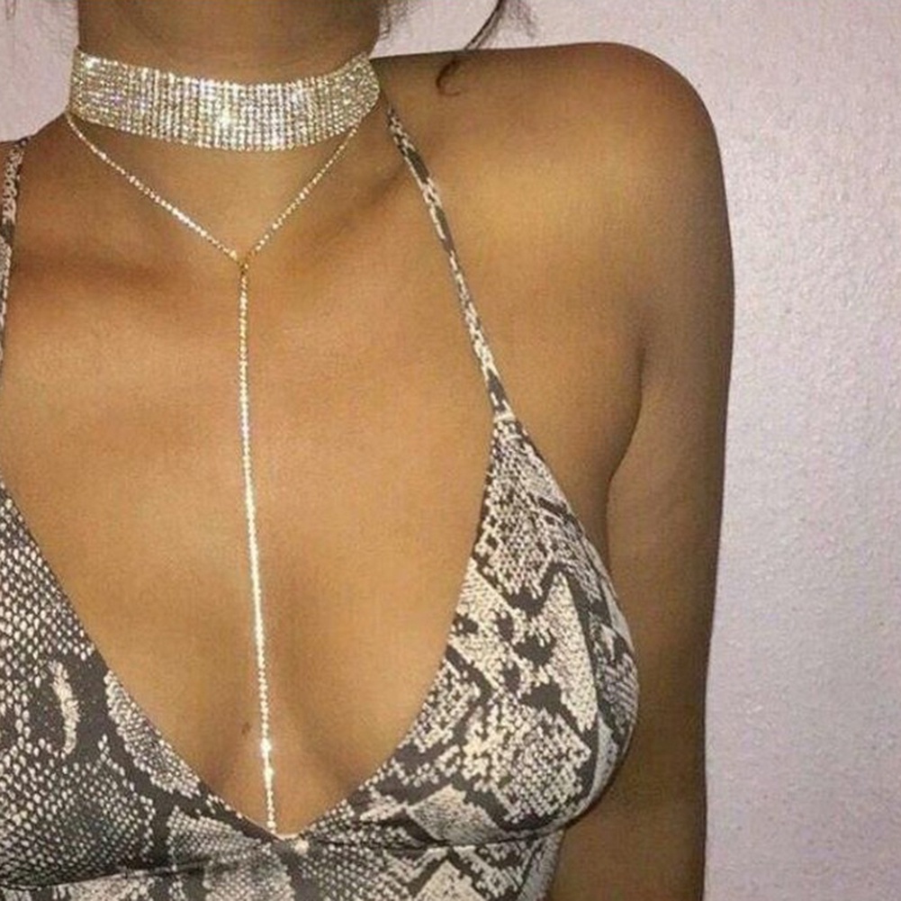 Kalung Choker Rantai Rumbai Multilayer Aksen Berlian Imitasi Untuk Wanita