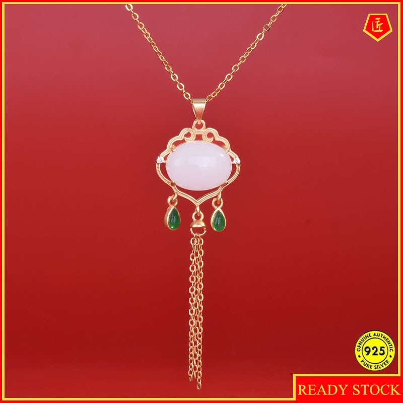 Kalung Rantai Dengan Liontin Rumbai Batu Chalcedony Natural Gaya Istana Ruyi Untuk Wanita