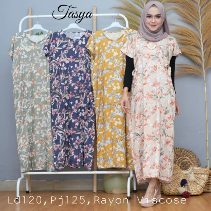 Gamis Tasya Daster Rayon Viscose Adem Tebal Jatuh Warna Soft Hijau Biru Kuning Putih Motif Bunga