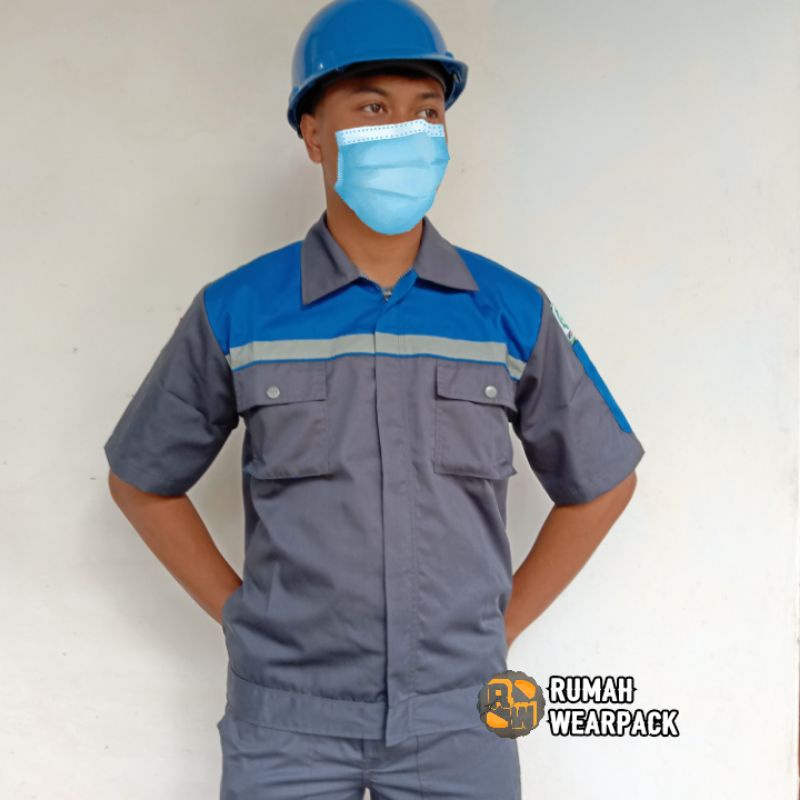 Baju Kerja/ Wearpack Proyek Lengan Pendek Warna Abu Tua Kombinasi Biru BCA