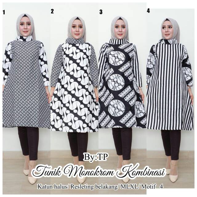 TUNIK MONOCHROM KOMBINASI MURAH TUNIK BATIK HITAM PUTIH GROSIR BATIK DRESS MINI TUNIK JUMBO BATIK