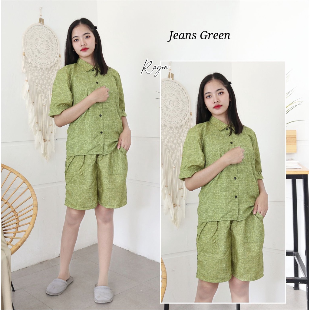 IZANY Piyama Dewasa Hotpant Lengan Balon / HP / Set Celana Pendek Dewasa banyak varian RAYON-JEANS GREEN RA