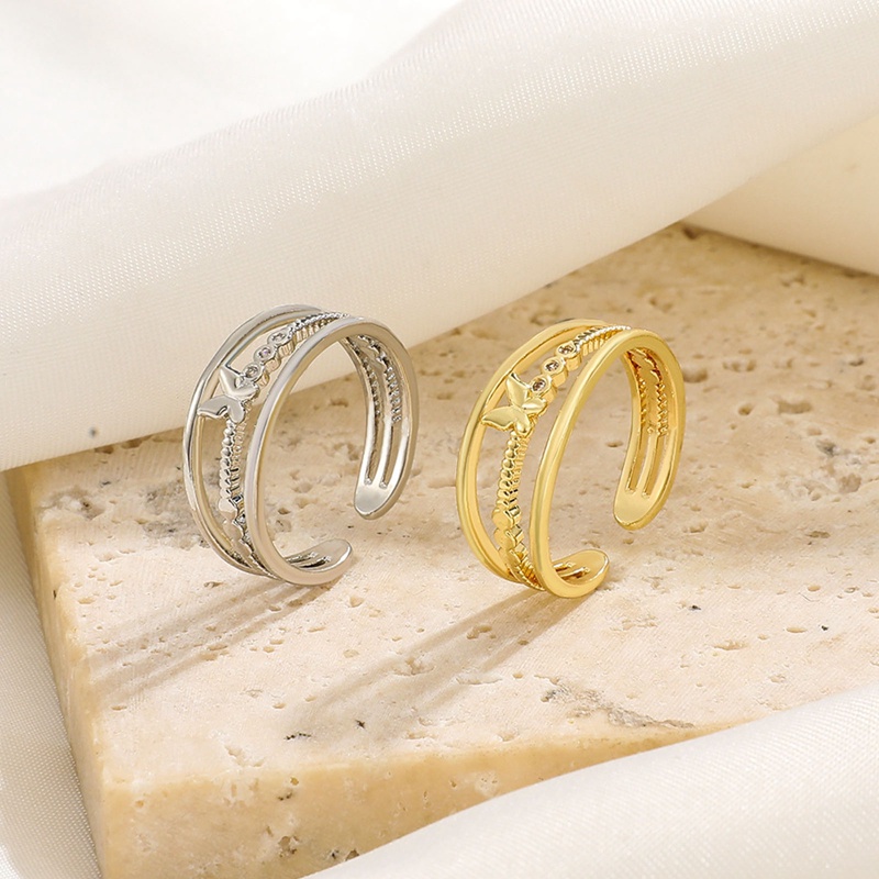 Cincin Jari Telunjuk Model Terbuka Tiga Lapis Desain Kupu-Kupu Geometris Bahan Logam Untuk Wanita