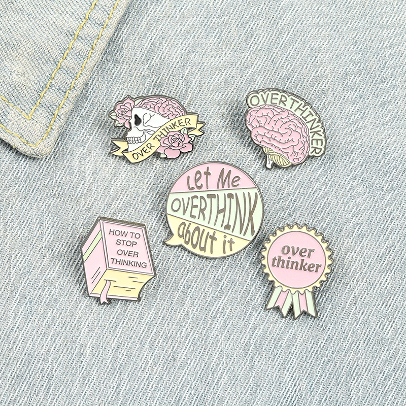 Bros Pin Enamel Desain Kartun Overthinker Brain Skull Book Untuk Hadiah Teman