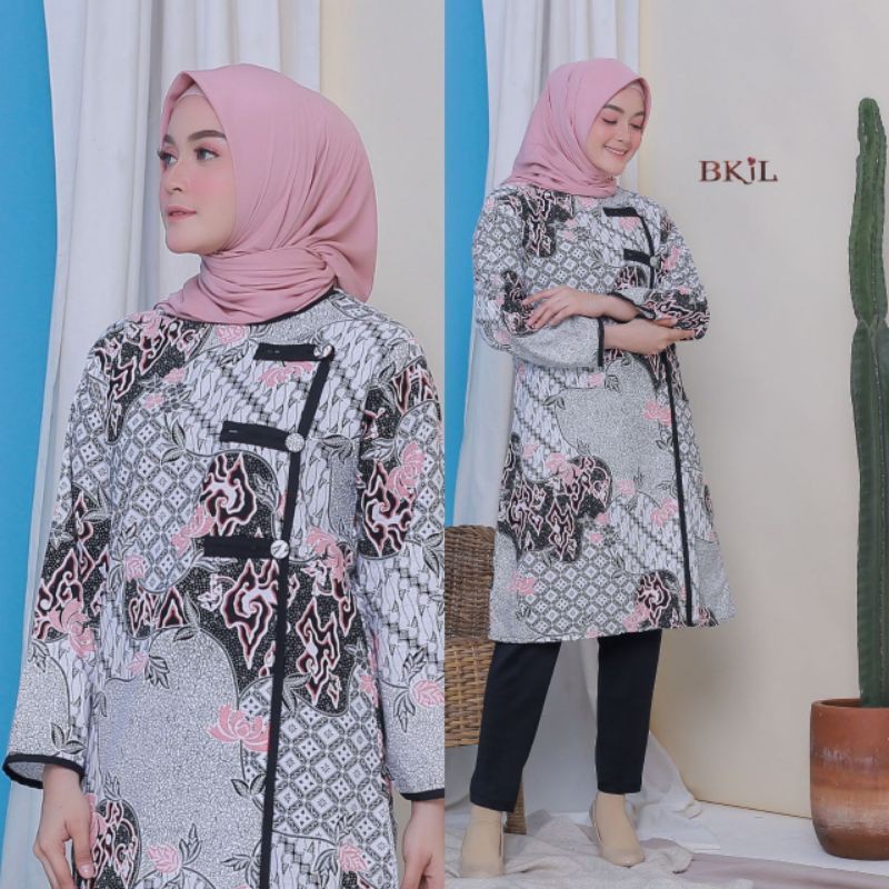 BKiL dress batik tunik batik cewek base putih lengan panjang navy coksu hitam motif kawuung M L XL x