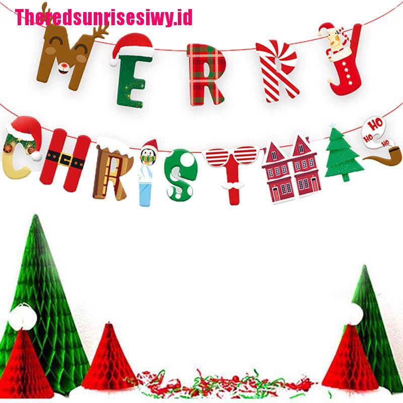 【Theredsunrisesiwy.id】1PCS Merry Christmas Banner Wall Hanging Garland Xmas Tree Pattern Bunting Flag