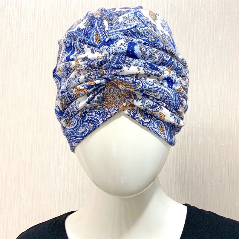Turban Hijab Instan Instant QQinian Wanita Dewasa Fashion Muslim Motif Batik Etnik Biru Putih Grosir
